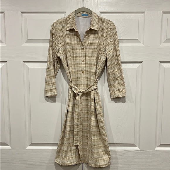 J. McLaughlin Calla Dress in Mini Mod Matrix Tan White Size Medium - Picture 1 of 8